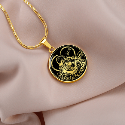 Gold finish military couple necklace worn around the neck over a black top, with a small circular romantic pendant.