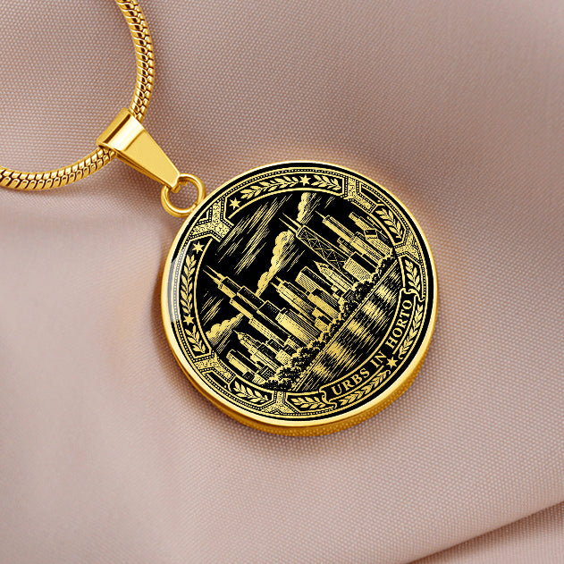 Silver Chicago skyline necklace with skyscrapers, waterfront reflections, ornate circular border and Urbs in Horto motto