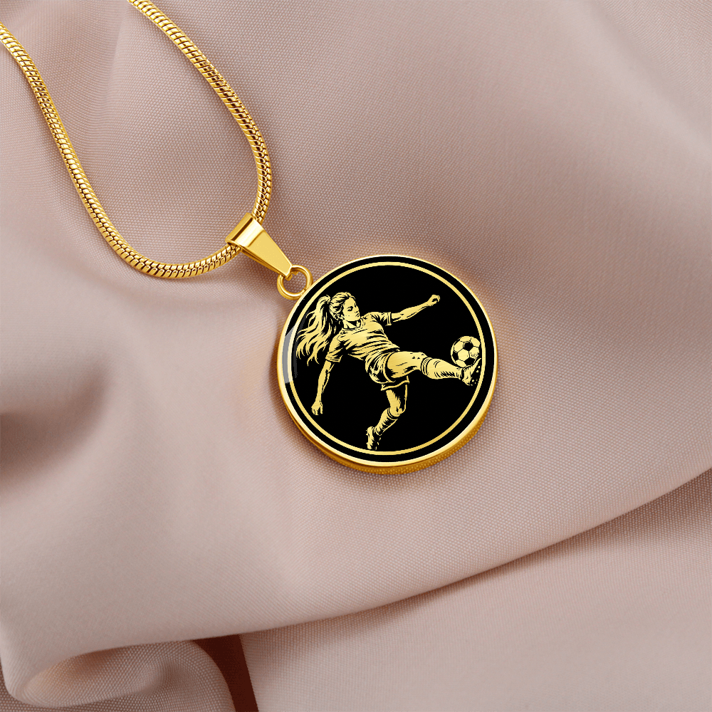Gold finish female soccer player necklace with striking black circular artwork