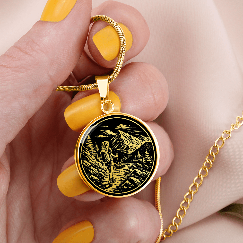 Woman Hiking Necklace – Linocut Mountain Adventure Pendant
