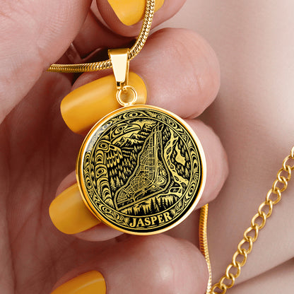 Gold finish Jasper Alberta map pendant with town street-grid illustration, mountain scenery, woodland artwork and Jasper inscription