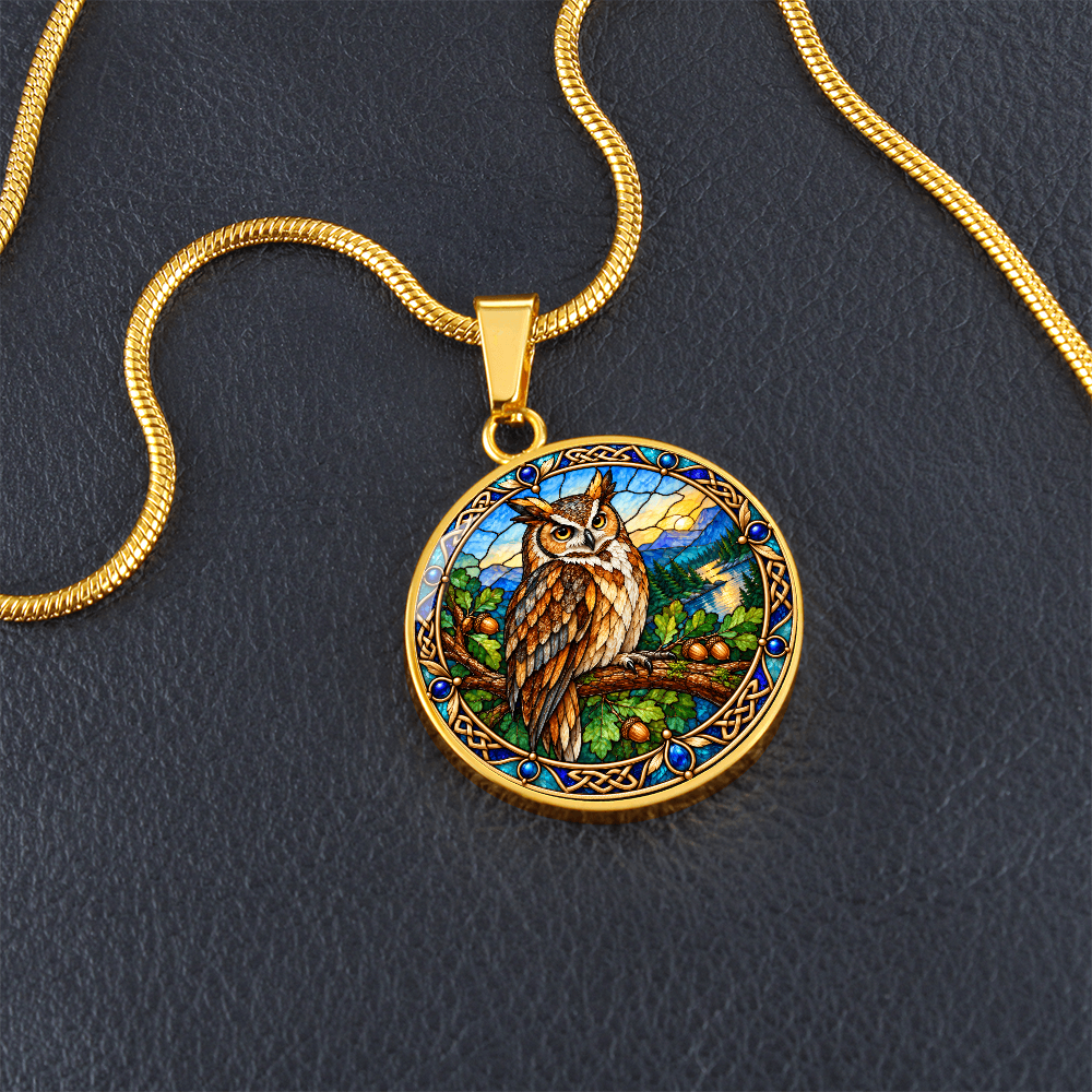 Stained glass owl necklace with optional 18K gold finish