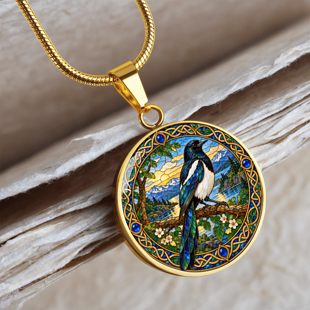 Magpie jewelry pendant with optional 18K gold finish