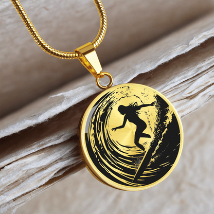 Female Surfer Necklace – Black & White Wave Pendant