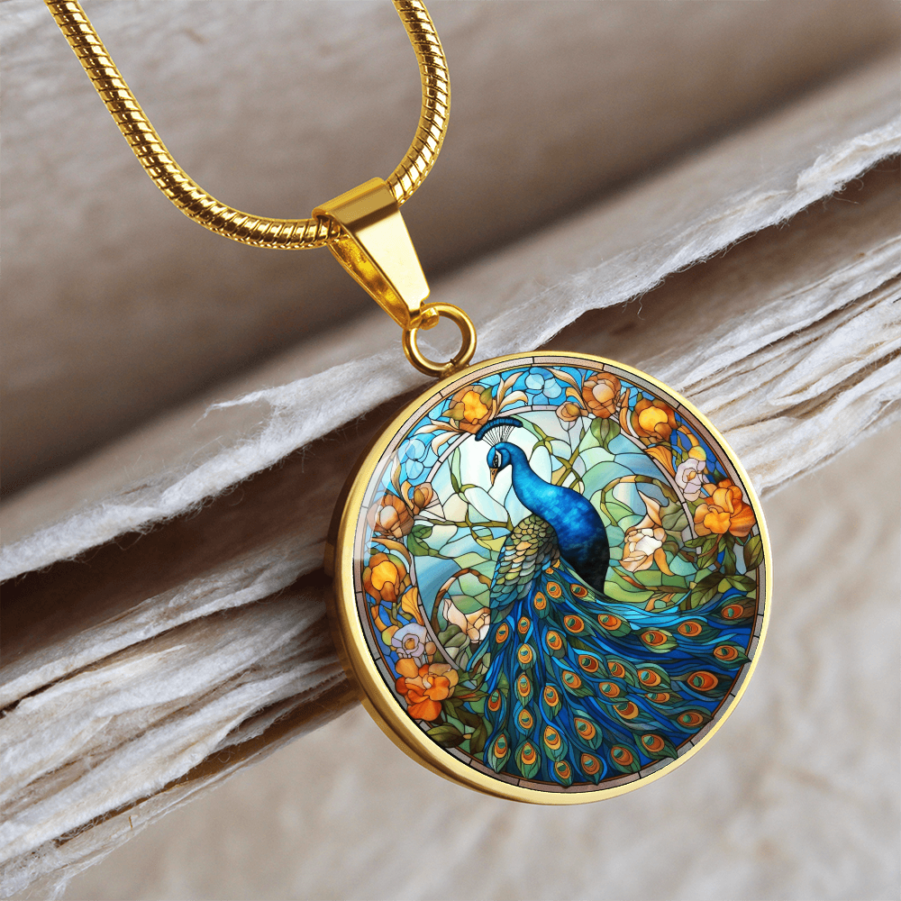 Stained Glass Peacock Necklace – Colorful Bird Art Pendant