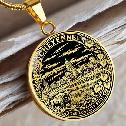 Gold finish Cheyenne Wyoming pendant necklace with State Capitol skyline, prairie bison and ornate floral border