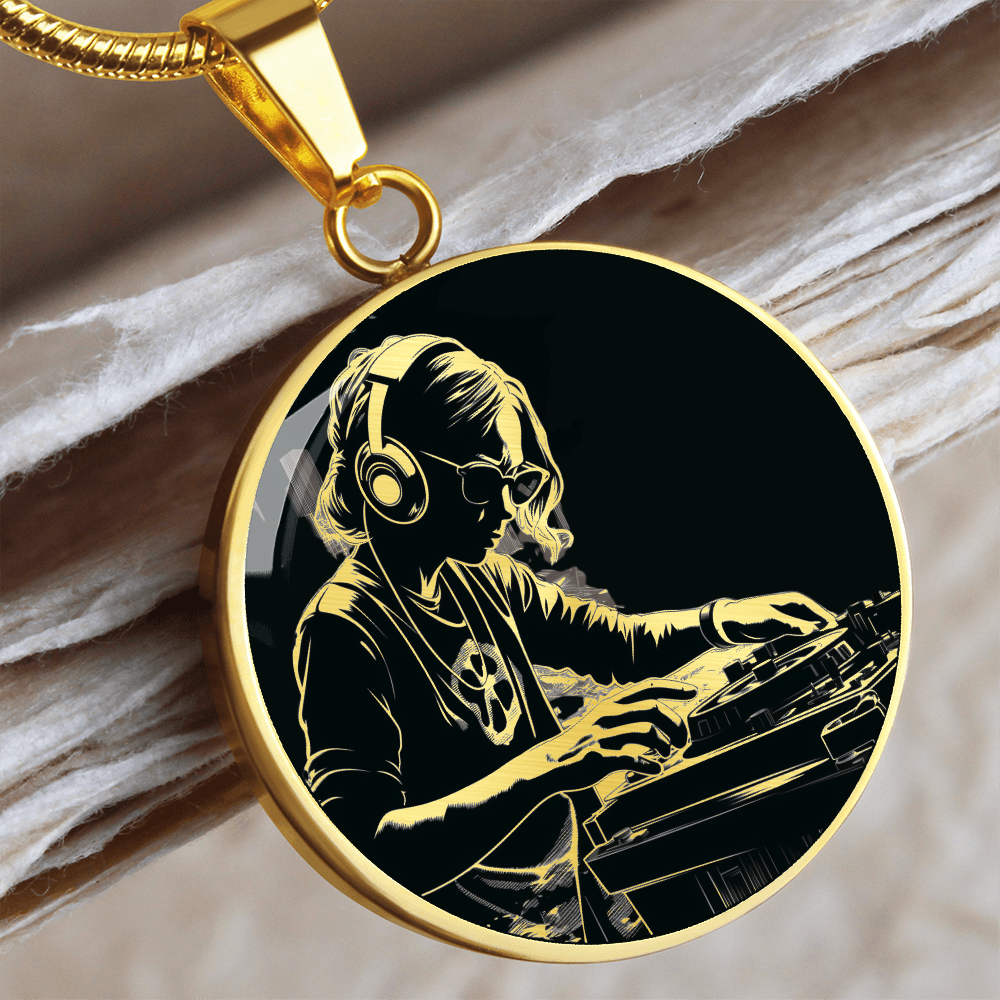 Female DJ necklace featuring a woman wearing headphones and sunglasses while mixing music on DJ decks, shown on a round pendant.