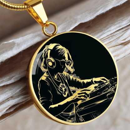 Female DJ necklace featuring a woman wearing headphones and sunglasses while mixing music on DJ decks, shown on a round pendant.