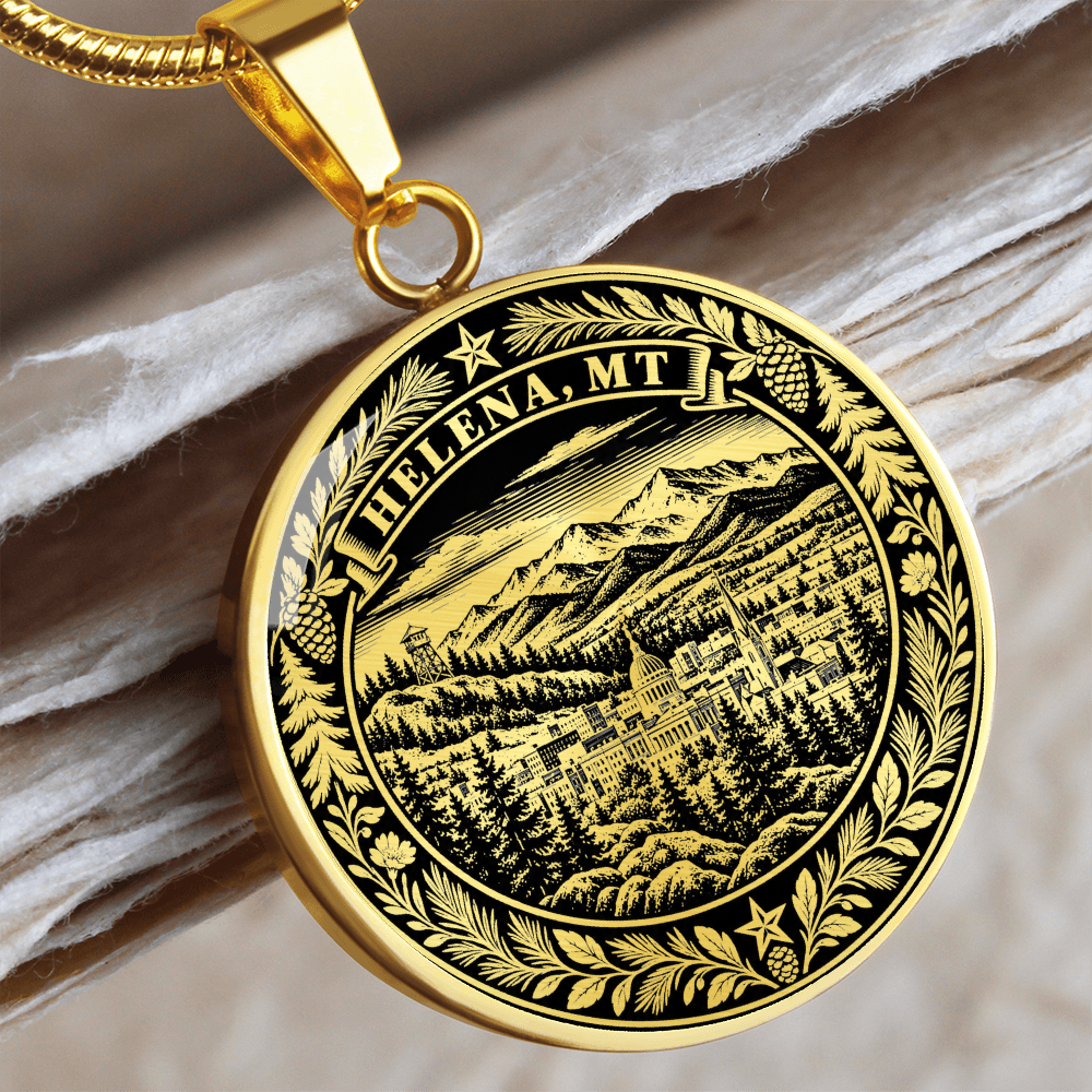 Gold finish Helena Montana pendant with black and gold mountain cityscape, HELENA MT inscription and botanical border