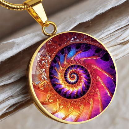 Fibonacci spiral necklace with vivid purple, orange and gold fractal-inspired spiral artwork on a round silver-colored pendant. gold