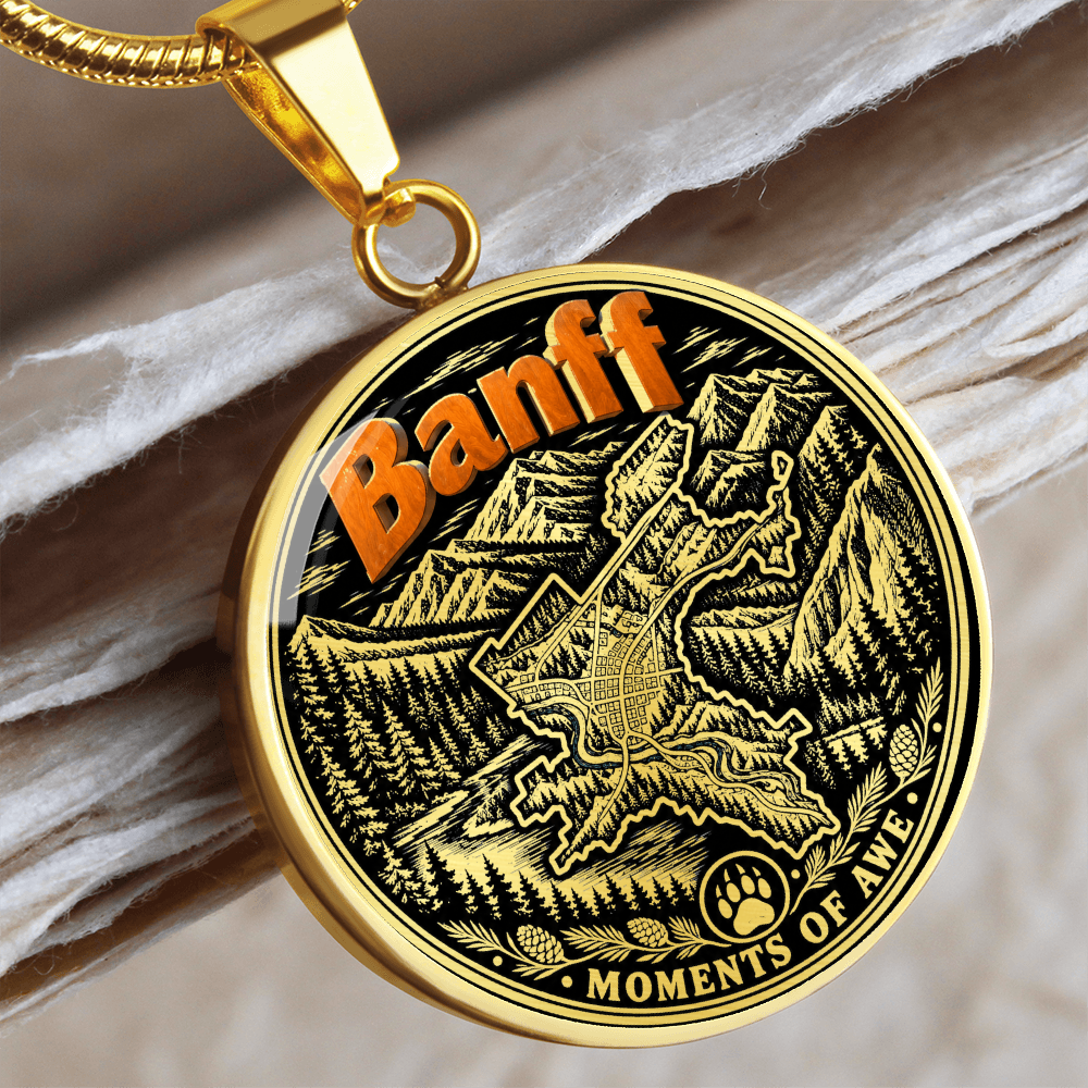 Gold finish Banff Canadian Rockies pendant with orange Banff lettering, pine forest, mountain peaks and Moments of Awe design