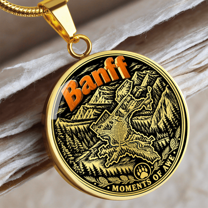 Gold finish Banff Canadian Rockies pendant with orange Banff lettering, pine forest, mountain peaks and Moments of Awe design