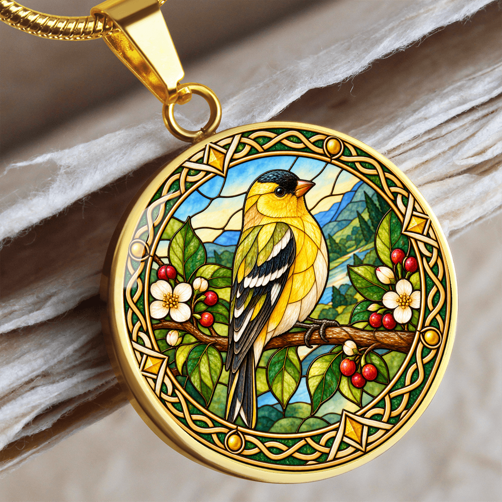 Finch jewellery pendant necklace with decorative finch bird artwork