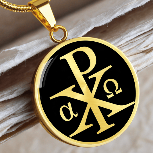 Chi Rho necklace featuring the ancient Christian XP Christogram symbol on a circular pendant.