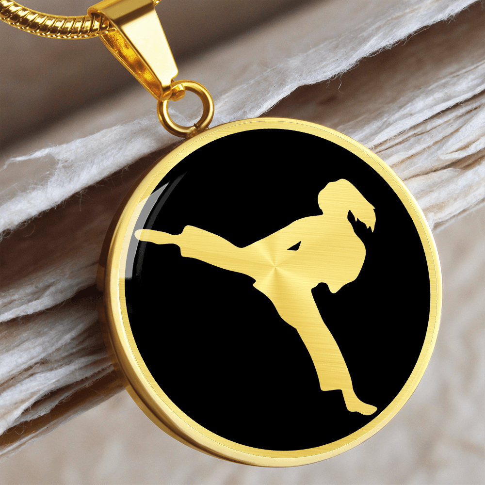 Karate Girl Necklace featuring female martial artist artwork on a circular pendant, a thoughtful karate gift for girls.