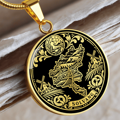 Gold finish Solvang California pendant featuring two Danish-style windmills, village artwork, floral scrollwork and SOLVANG ribbon