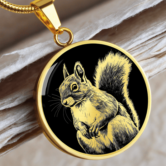 Squirrel pendant necklace featuring a detailed squirrel with a bushy tail against black, available in silver and gold finishes.