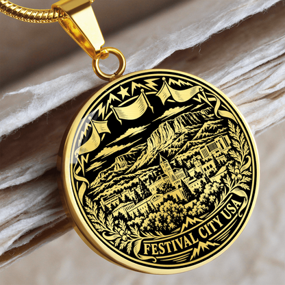 Gold finish Cedar City Utah pendant with mountain landscape, vintage buildings, festival flags and floral woodcut border