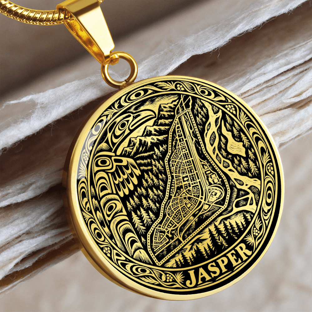 Gold finish Jasper Alberta map pendant with town street-grid illustration, mountain scenery, woodland artwork and Jasper inscription