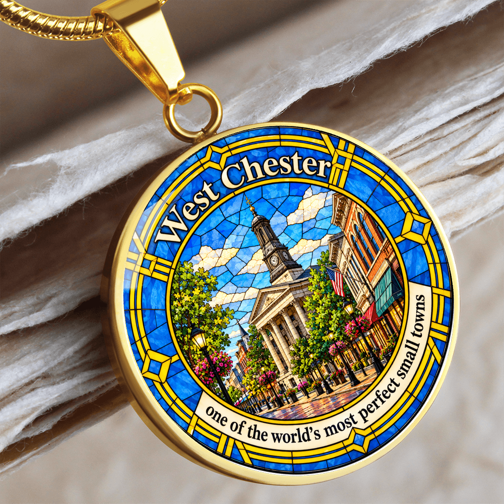 Gold West Chester Pennsylvania necklace with blue and gold stained-glass artwork, Chester County Courthouse clock tower and historic downtown buildings