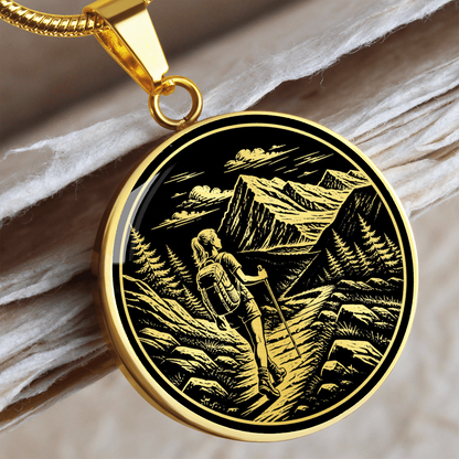 Woman Hiking Necklace – Linocut Mountain Adventure Pendant