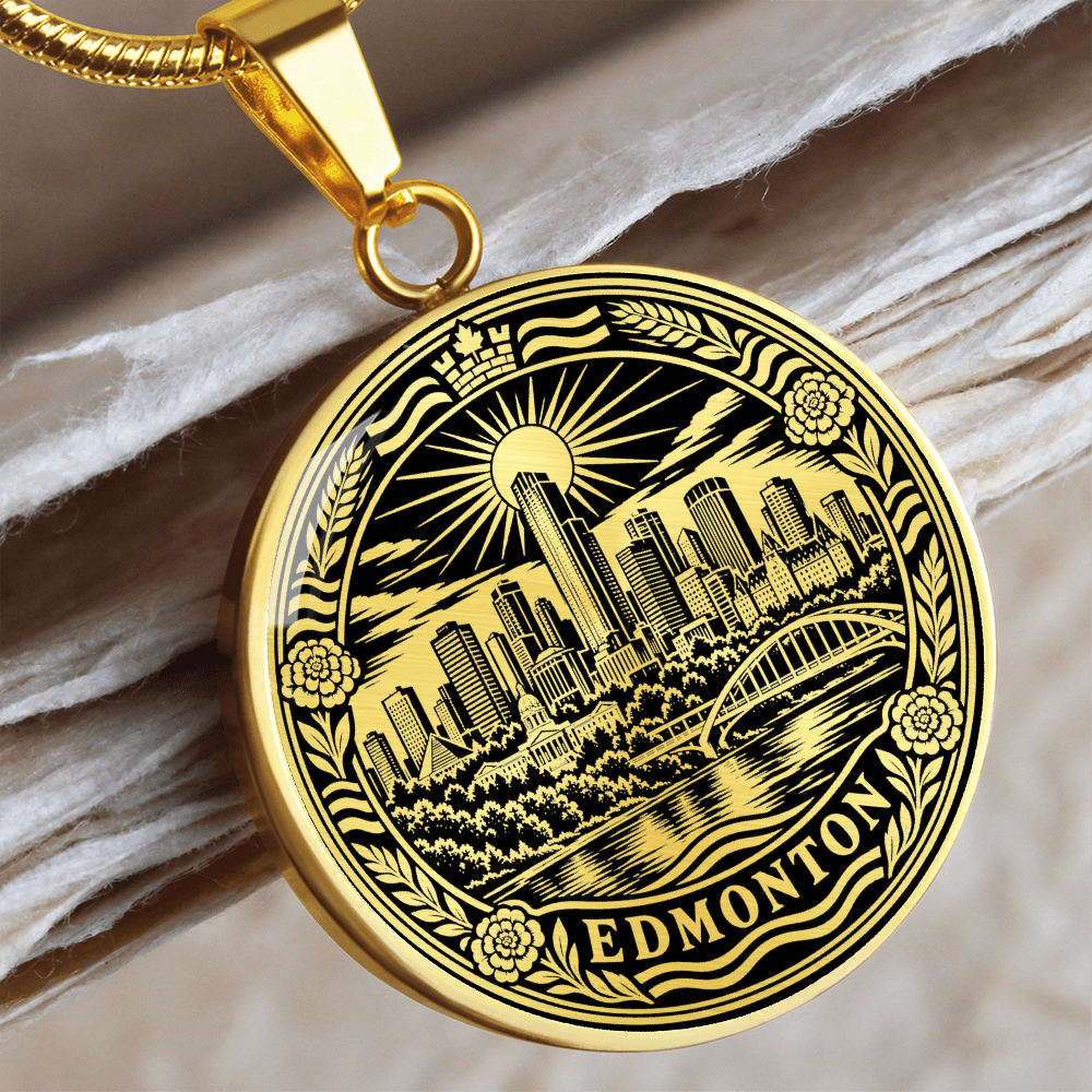 Gold Edmonton skyline necklace featuring downtown buildings, North Saskatchewan River bridge, radiant sun and floral border