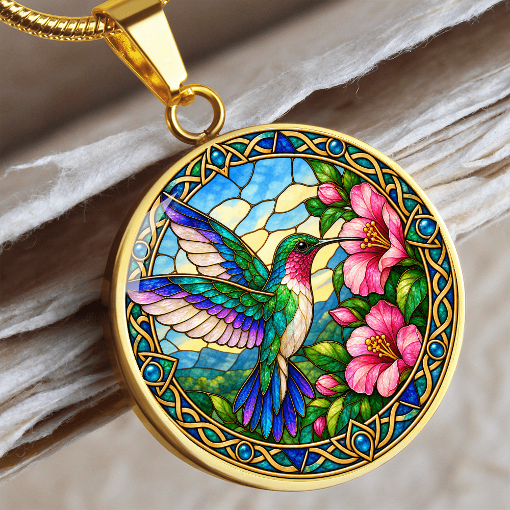 Hummingbird pendant necklace featuring colorful bird artwork