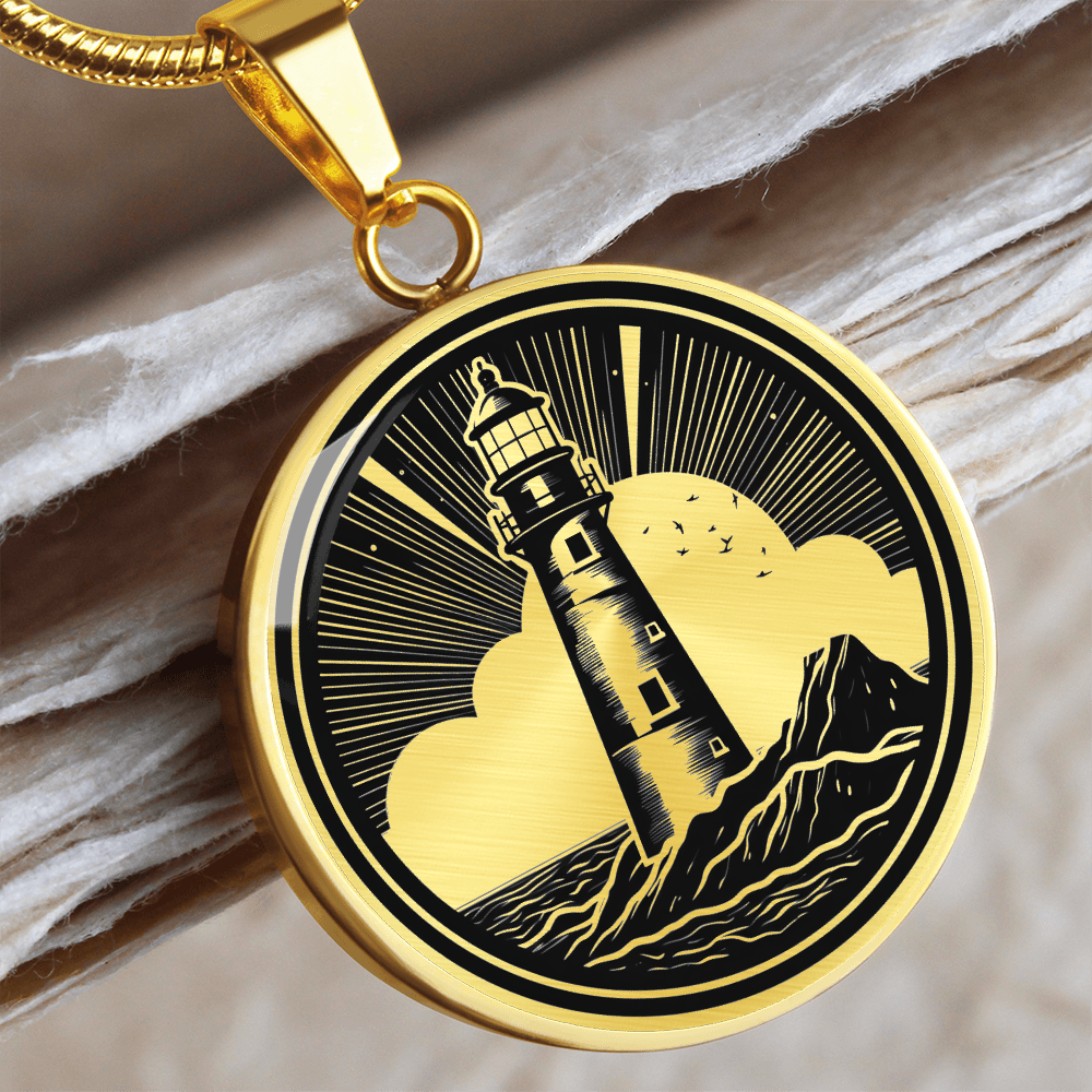 Lighthouse necklace featuring nautical lighthouse artwork on a circular pendant, a meaningful coastal jewelry gift.
