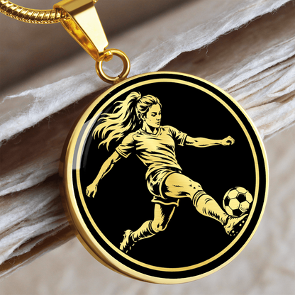 Female soccer player necklace with black-and-white linocut football artwork