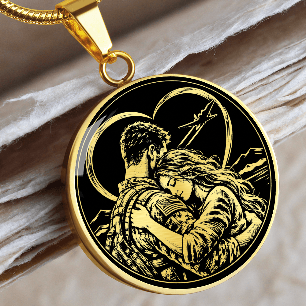 18K gold finish military couple necklace with gold-on-black illustration of a couple embracing beneath a flying aircraft.