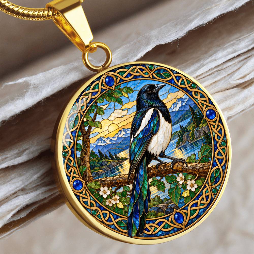 Stained glass magpie necklace with colorful bird pendant artwork