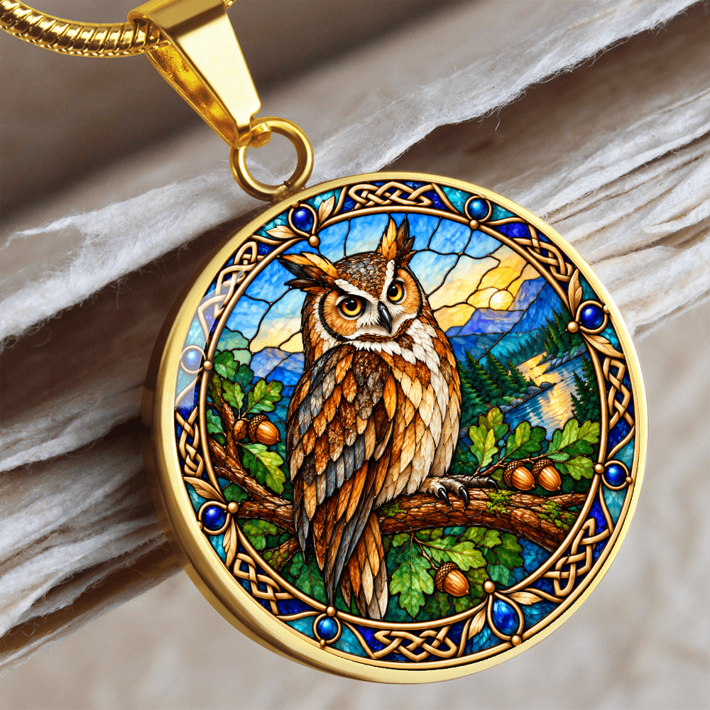 Owls jewelry pendant with detailed stained-glass-inspired illustration