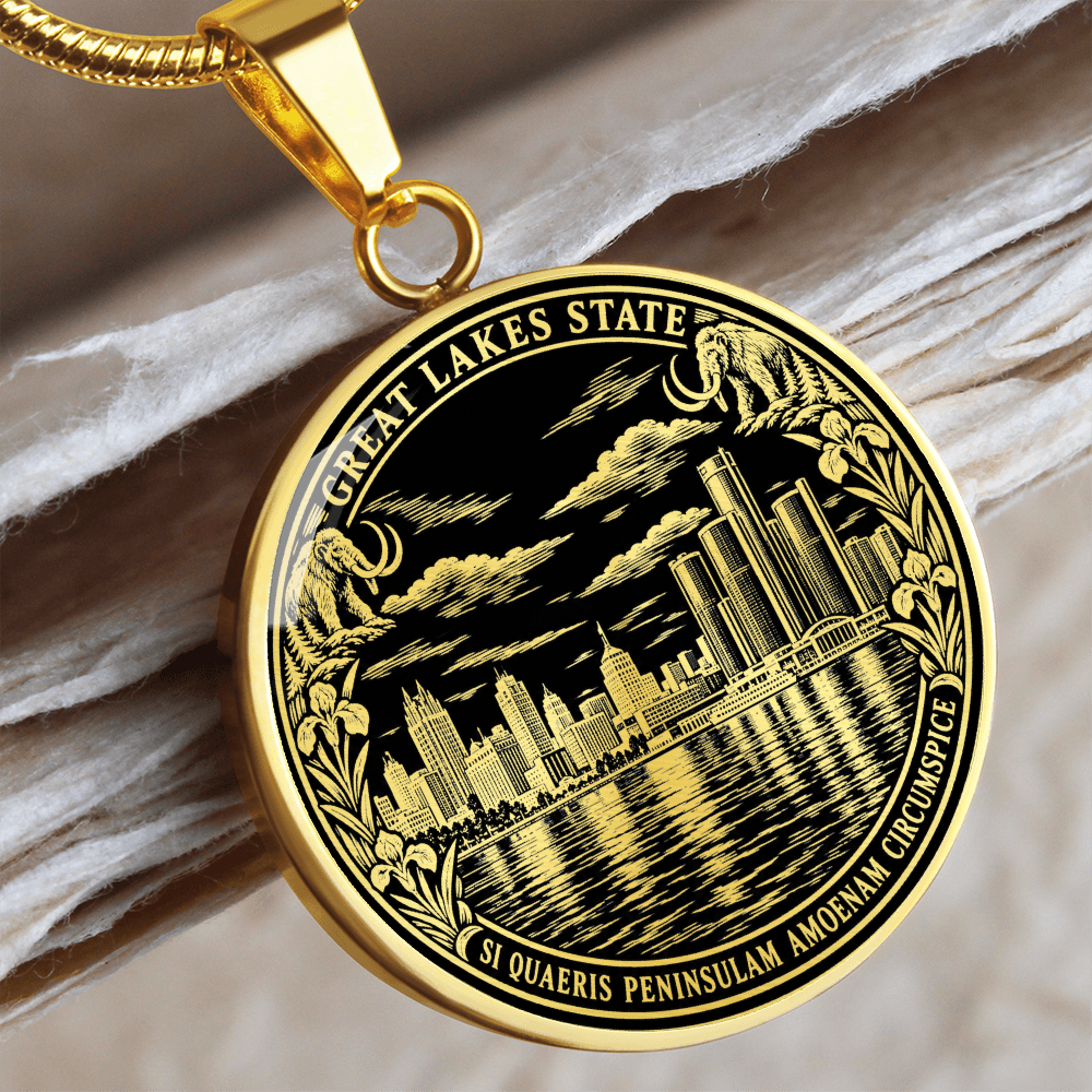 Gold finish Detroit skyline pendant with black and gold cityscape, botanical border, Great Lakes State inscription and Latin motto