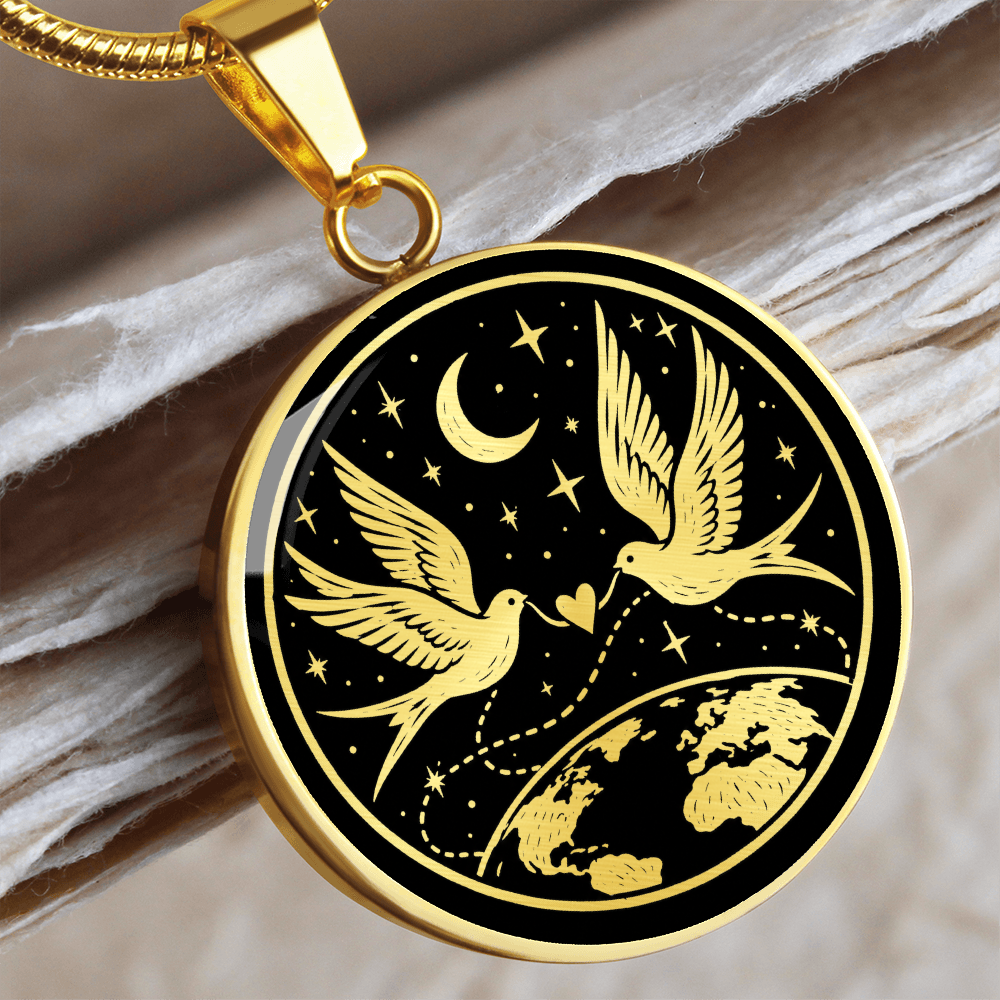 close up of a Gold finish long distance relationship necklace with two doves and crescent moon 
