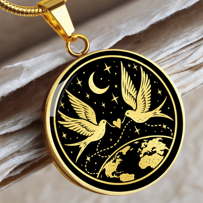 close up of a Gold finish long distance relationship necklace with two doves and crescent moon 