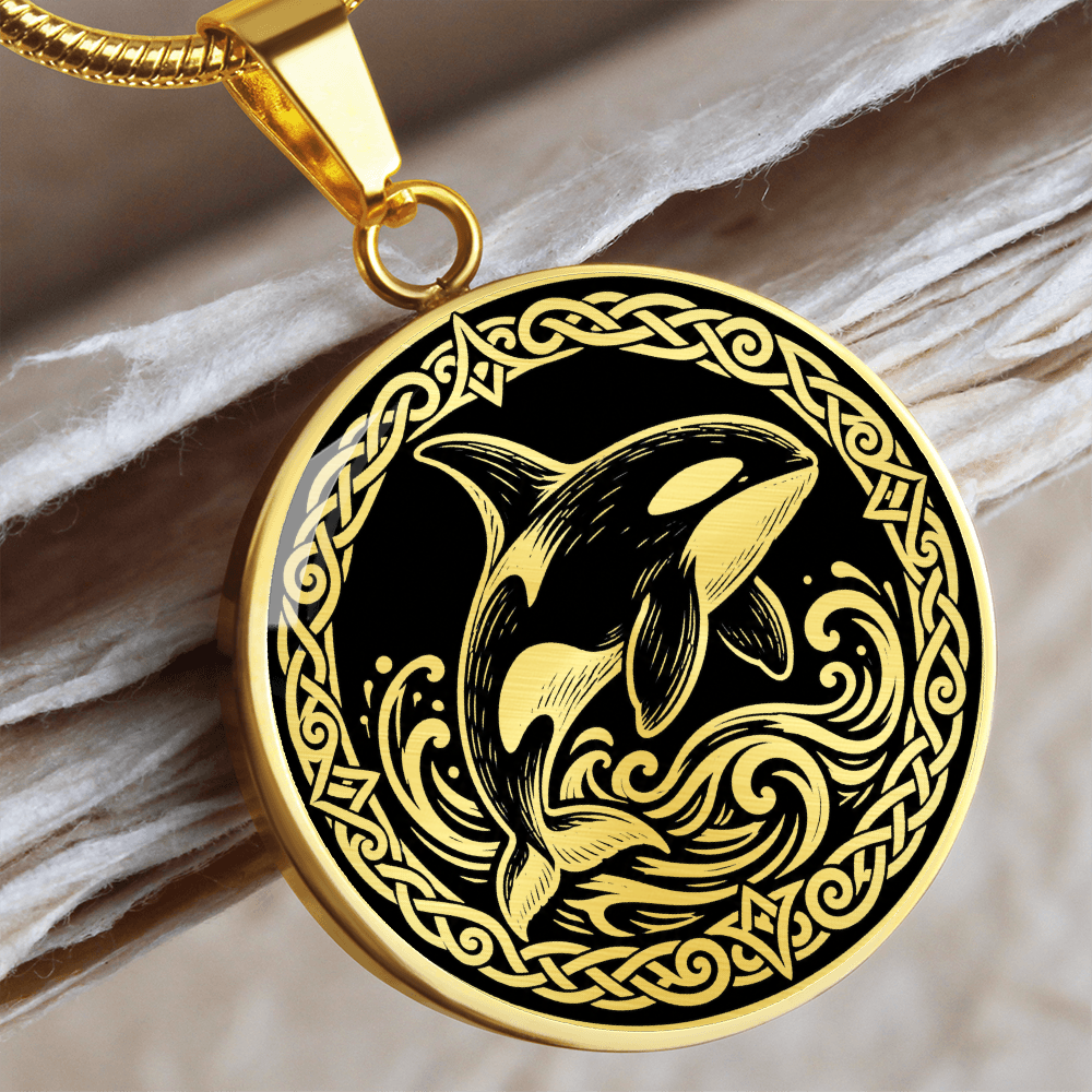 gold orca whale pendant necklace with Viking knotwork border and ocean waves