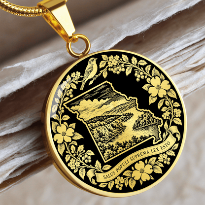 Gold finish Missouri State pendant featuring woodland landscape inside Missouri map silhouette, perched bird, flowers and state motto