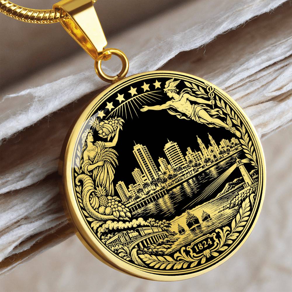 Gold Machala Ecuador necklace with waterfront skyline, agricultural figure, ships, lighthouse and 1824 heritage emblem