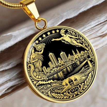 Gold Machala Ecuador necklace with waterfront skyline, agricultural figure, ships, lighthouse and 1824 heritage emblem