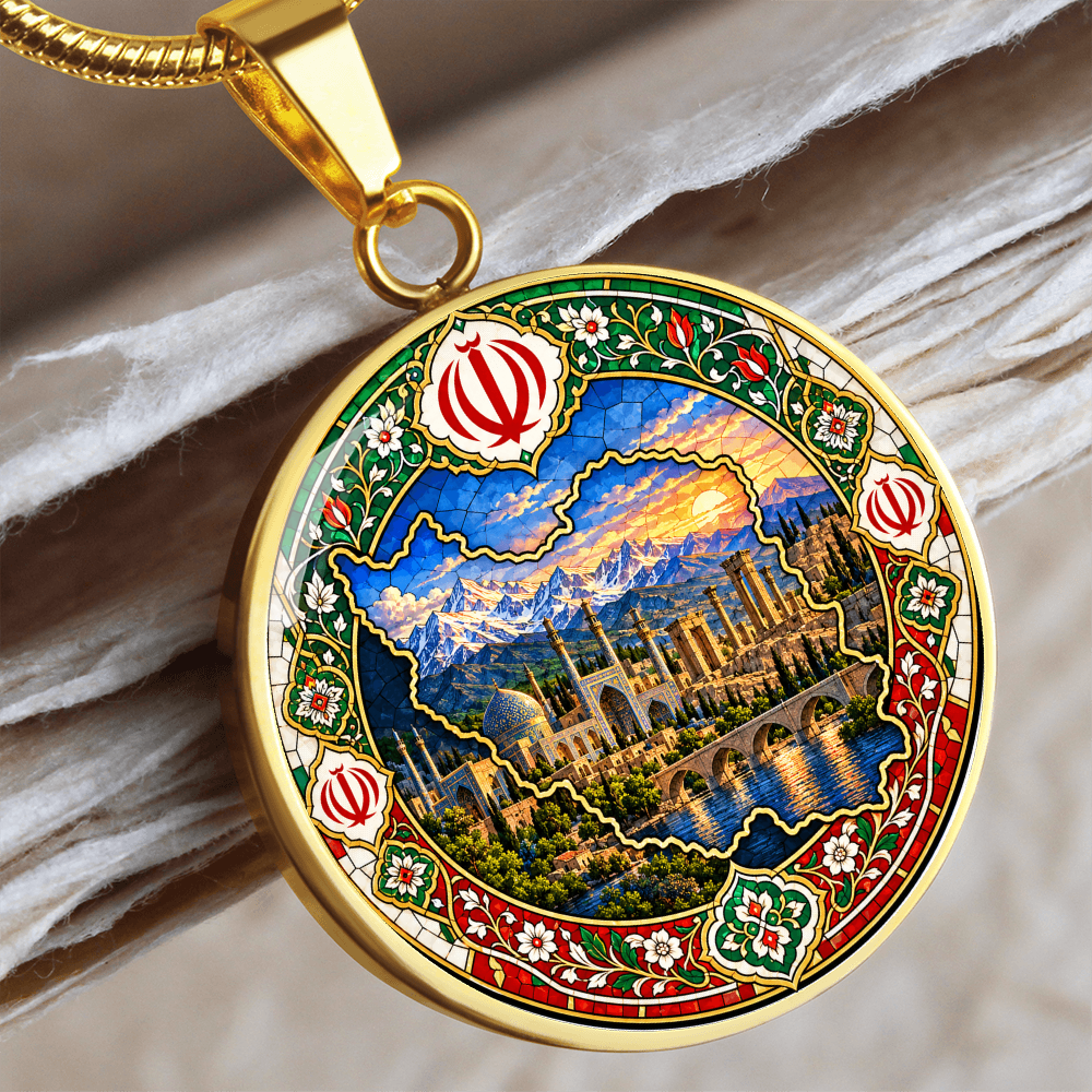 Gold finish Iran map pendant with blue mountain landscape, green red Persian tile ornament and Iranian national emblem