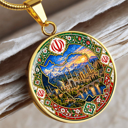 Gold finish Iran map pendant with blue mountain landscape, green red Persian tile ornament and Iranian national emblem