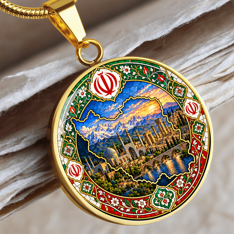 Gold finish Iran map pendant necklace with Persian mosaic floral patterns, dramatic mountain landscape and colorful architectural artwork