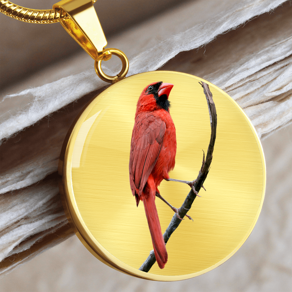 Realistic Northern Cardinal necklace showing a bright red male cardinal with black facial mask perched on a branch on a round pendant.