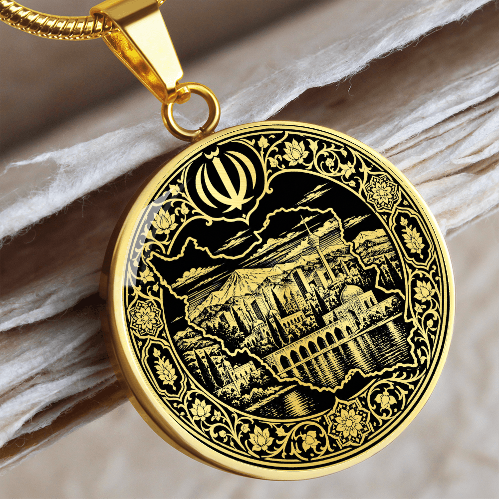 Close-up Iran map pendant showing the outline of Iran, national emblem and intricate Persian-inspired decorative illustration
