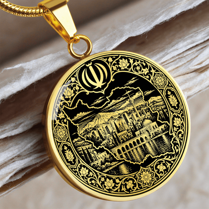 Close-up Iran map pendant showing the outline of Iran, national emblem and intricate Persian-inspired decorative illustration