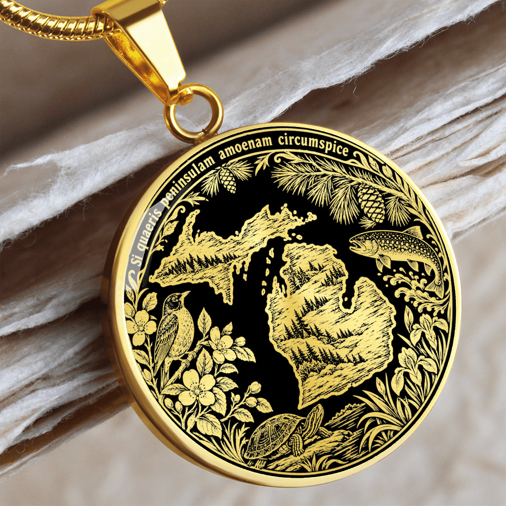 Gold finish Michigan peninsula necklace featuring forest landscapes, wildlife, botanical border and Michigan Latin state motto