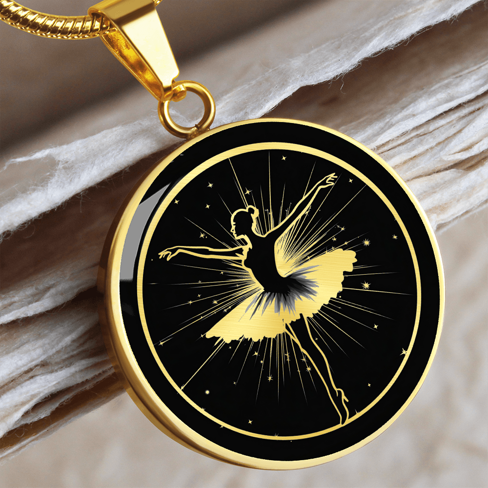 Ballerina necklace featuring graceful ballet dancer artwork on a circular pendant, a thoughtful jewelry gift for dancers.