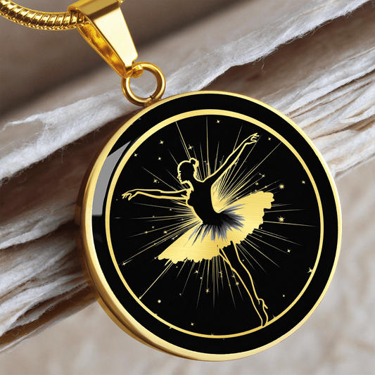 Ballerina necklace featuring graceful ballet dancer artwork on a circular pendant, a thoughtful jewelry gift for dancers.