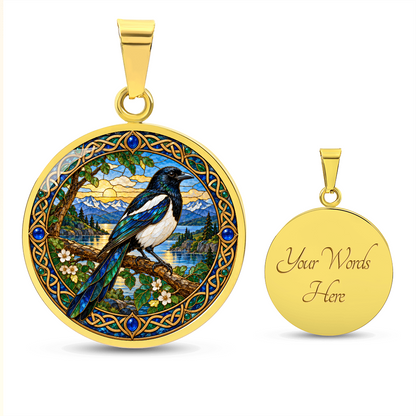 Personalized magpie necklace showing optional back engraving