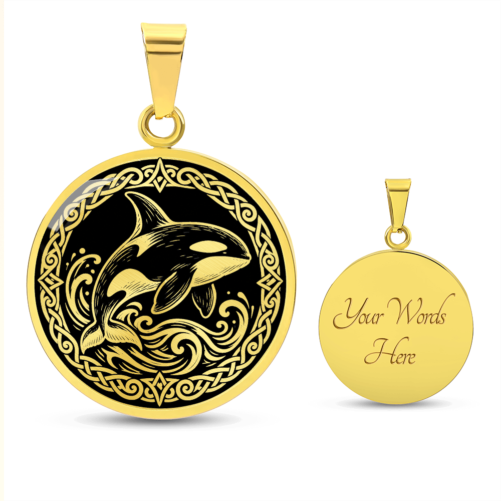 Silver orca whale pendant necklace with Viking knotwork border and ocean waves with engraving options